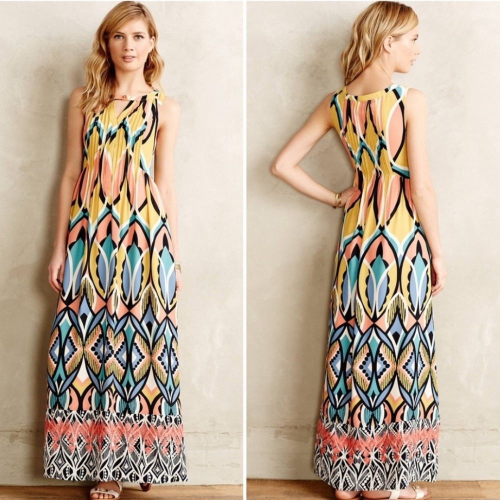 FLOREAT Anthropolige Maxi Dress Size 4 Yellow Dahlia Embroidered Multic - Picture 3 of 12